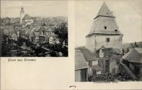 Ak Simmern im Hunsrück, Gesamtansicht, Schinderhannes Turm