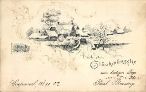 Präge Litho Berlin Köpenick, Glückwünsche von Paul Reising, Dorfmotiv, Winter