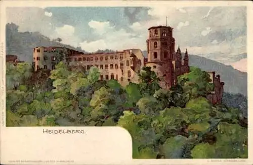 Künstler Litho Mutter, K., Heidelberg am Neckar, Schloss, Teilansicht der Ruine