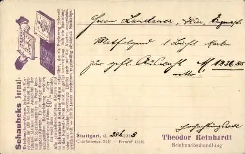 Ak Stuttgart in Württemberg, Schaubeks Briefmarkenalbum, Briefmarkenhandlung Theodor Reinhardt