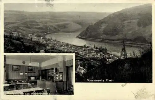 Ak Oberwesel am Rhein, Gesamtansicht, Restauration des Winzervereins, Innenansicht