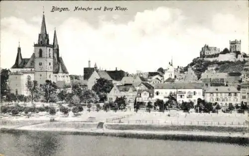 Ak Bingen am Rhein, Naheufer, Burg Klopp, Gesamtansicht