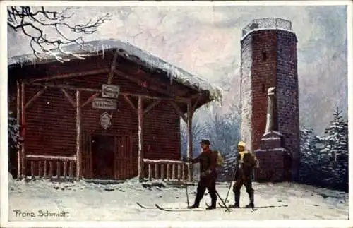 Künstler Ak Schmidt, Franz, Kalmit Maikammer Rheinland Pfalz, Aussichtsturm, Skiläufer, Winter