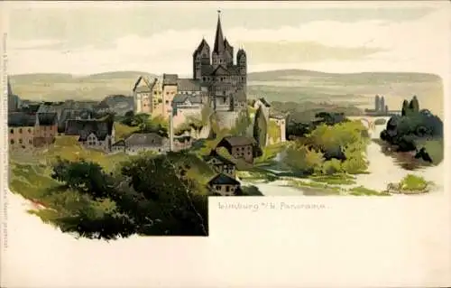 Künstler Litho Hammel, Limburg Lahn, Panorama mit Kirche u. Brücke