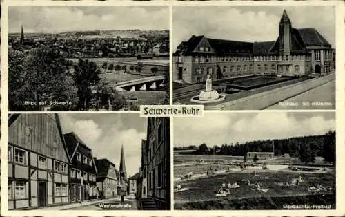 Ak Schwerte an der Ruhr, Totale, Rathaus, Brunnen, Elsebachtal Freibad, Westenstraße