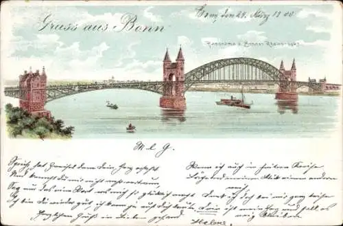 Litho Bonn am Rhein, Panorama der Bonner Rheinbrücke