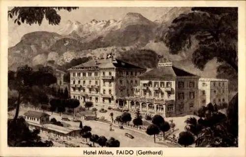 Künstler Ak Faido Kt. Tessin Schweiz, Hotel Mailand mit Straße und Bahnhof