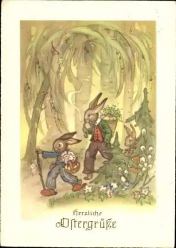 Ak Frohe Ostern, Osterhase mit Hasenkindern, Ostereier, Waldweg