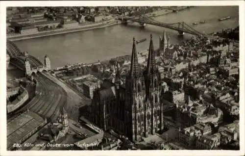 Ak Köln am Rhein, Fliegeraufnahme aus dem Luftschiff, Brücke, Dom, Deutz