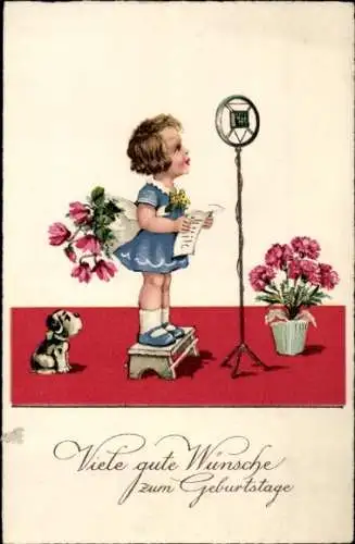 Ak Glückwunsch Geburtstag, Singendes Mädchen, Blumen, Hund, Mikrofon