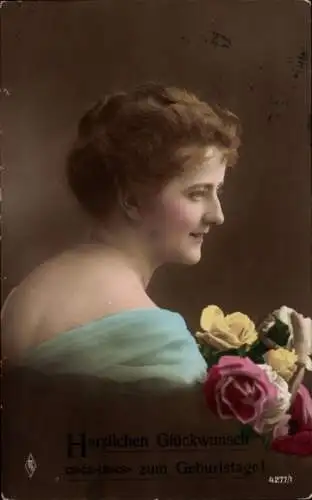 Ak Glückwunsch Geburtstag, Frau-Porträt, Blumen