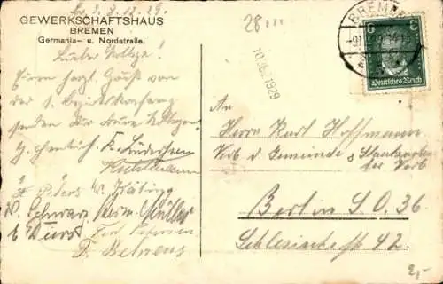 Ak Hansestadt Bremen, Gewerkschaftshaus, Germaniastraße, Nordstraße