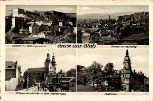 Ak Kłodzko Glatz Schlesien, Totalansicht mit Festung, Donjon m. Festungswerke, Kirche, Rathaus