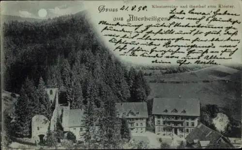 Mondschein Ak Oppenau, Kloster Allerheiligen, Klosterruine und Gasthof