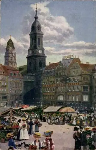 Ak Dresden, Altmarkt mit Blumenmarkt, Kreuzkirche, Rathausturm