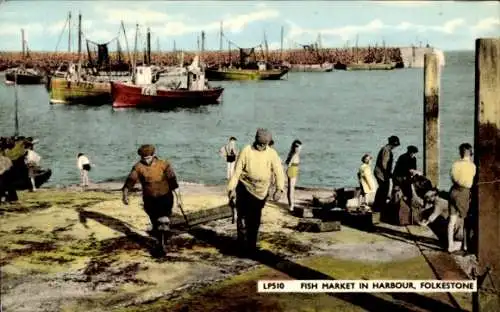 Ak Folkestone Kent England, Fischmarkt im Hafen