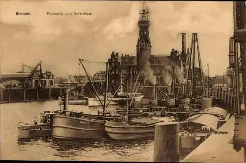 Ak Hansestadt Bremen, Freihafen und Hafenhaus, Schiff Arco III.