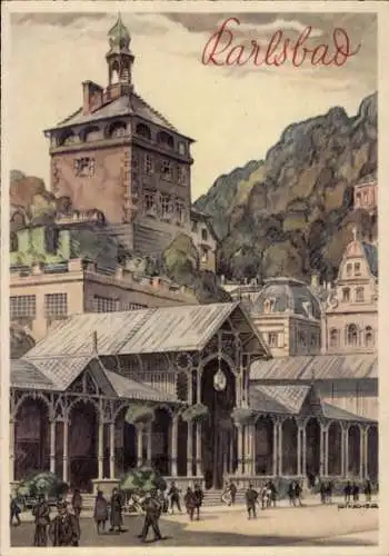 Künstler Ak Ritscher, Karlovy Vary Karlsbad Stadt, Kurpromenade, Wandelhalle, Turm