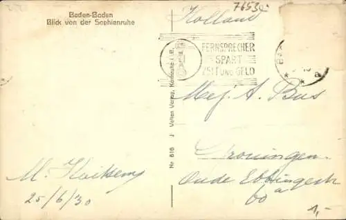 Ak Baden Baden am Schwarzwald, Gesamtansicht von der Sophienruhe