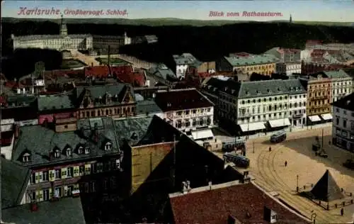 Ak Karlsruhe in Baden, Teilansicht, Großherzogl. Schloss, Blick vom Rathausturm