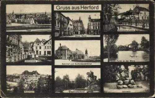 Ak Herford in Westfalen, Jahnstein, Bahnhof, Kurfürstendenkmal, Neuer Markt, Gehrenberg, Kreishaus