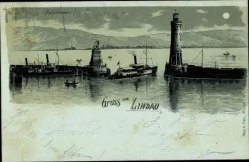 Mondschein Litho Lindau am Bodensee Schwaben, Hafeneinfahrt