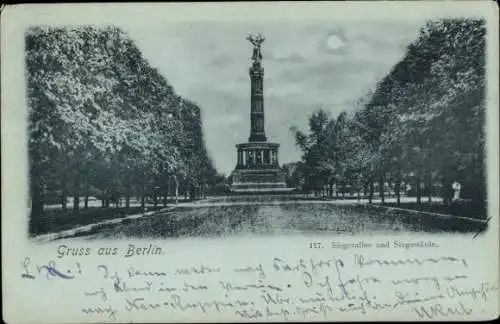 Mondschein Ak Berlin Tiergarten, Siegesallee, Siegessäule