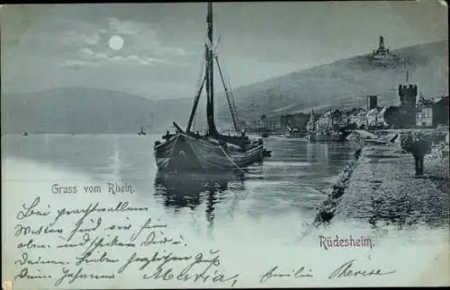 Mondschein Ak Rüdesheim am Rhein, Teilansicht, Boot