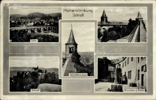 Ak Hohenlimburg Hagen in Westfalen, Totalansicht, Schloss, Galerie, Brunnen und Erker