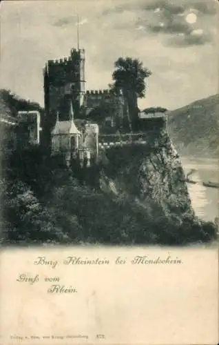 Mondschein Ak Trechtingshausen am Rhein, Burg Rheinstein