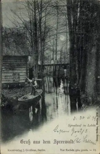 Mondschein Ak Lehde Lübbenau im Spreewald, Spreelauf, Boot