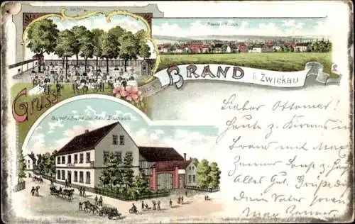 Litho Brand Zwickau in Sachsen, Panorama, Gasthof von Adolf Bräutigam, Garten