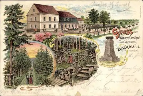 Litho Marienthal Zwickau in Sachsen, Winter's Gasthof Zum Windberg, Allee, Bismarcksäule, Stadtpark