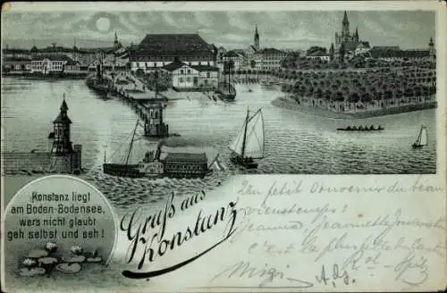 Mondschein Litho Konstanz am Bodensee, Stadt bei Nacht