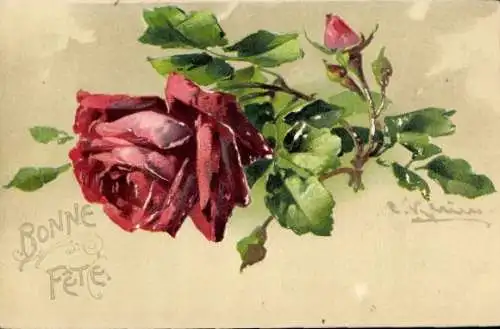 Präge Künstler Ak Klein, Catharina, Rote Rose, Blüte und Knospen