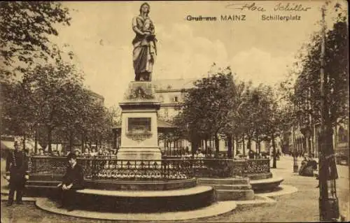 Ak Mainz am Rhein, Schillerplatz, Denkmal