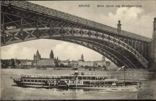 Ak Mainz am Rhein, Straßenbrücke, Schiff