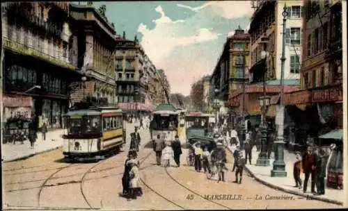 Ak Marseille Bouches du Rhône, La Cannebiere, Straßenbahn