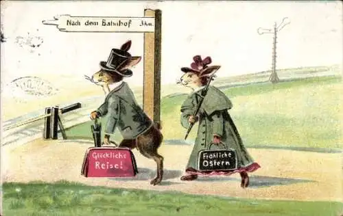 Präge Litho Glückwunsch Ostern, Hase und Häsin auf dem Weg zum Bahnhof