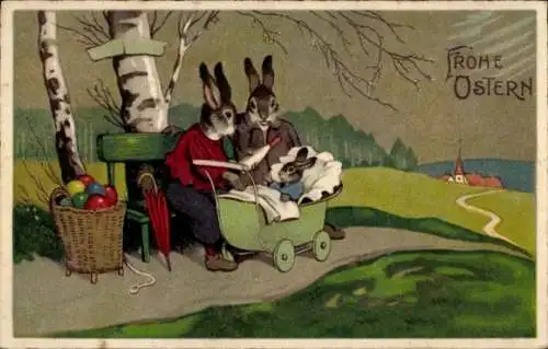 Ak Glückwunsch Ostern, Osterhasen mit Kinderwagen, Kiepe voller Ostereier