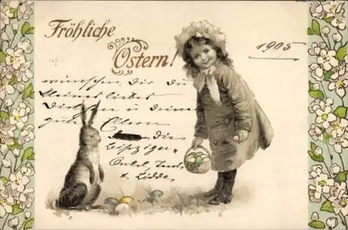 Präge Ak Glückwunsch Ostern, Mädchen, Osterhase, Osterkorb