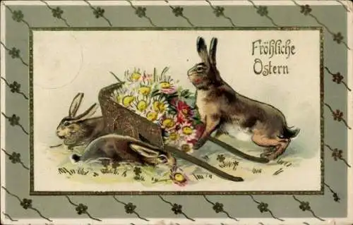 Präge Ak Glückwunsch Ostern, Hasen mit Blumen