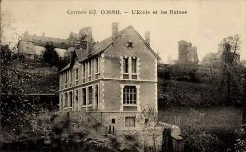 Ak Cornil Corrèze, Schule, die Ruinen