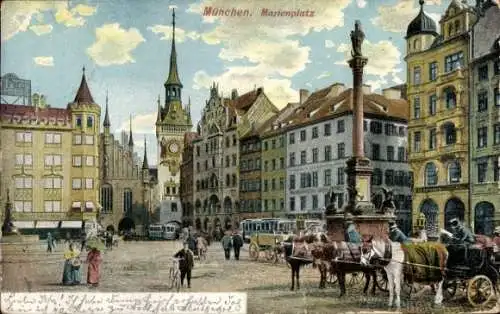 Ak München, Marienplatz, Straßenbahn, Kutschen