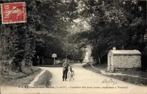 Ak Verneuil-sur-Seine Yvelines, Carrefour des deux routes conduisant a Verneuil