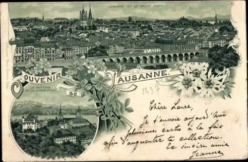 Litho Lausanne Kanton Waadt, Ortsansicht, Le Grand Pont, Le Chateau, la Cathedrale