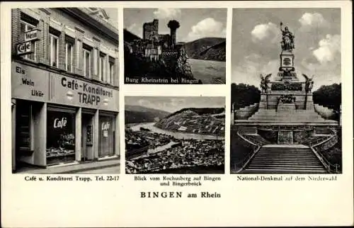 Ak Bingen am Rhein, Niederwalddenkmal, Burg Rheinstein, Cafe und Konditorei Trapp