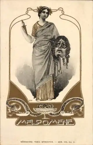 Jugendstil Litho Melpomene, Muse des Trauerspiels