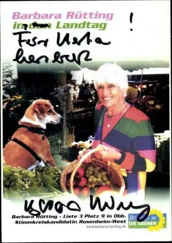 Ak Schauspielerin Barbara Rütting, Portrait, Autogramm, Einkaufskorb, Hund