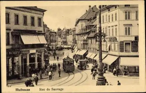 Ak Mulhouse Mülhausen Elsass Haut Rhin, Rue du Sauvage, Straßenbahn